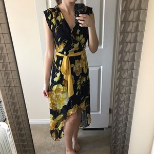 Floral high-low yellow and navy dress